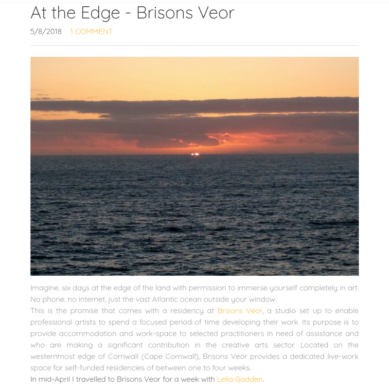 Screenshot of 2018 residency blog page with sunset over the sea from Cape Cornwall