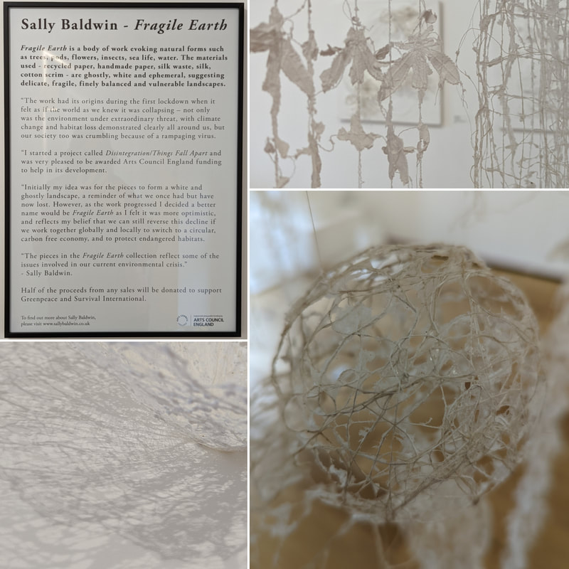 Sally Baldwin - Fragile Earth exhibition at Kurt Jackson Gallery showing the exhibition explanation and closeup views of the ephemeral artwork using recycled paper, silk waste,silk and cotton scrim