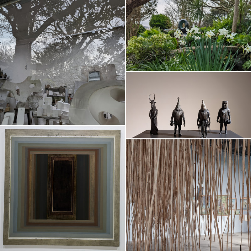 Photographs from St Ives Galleries - Tate painting and tree installation, Barbara Hepworth garden and studio with reflections, Tim Shaw RA sculptures