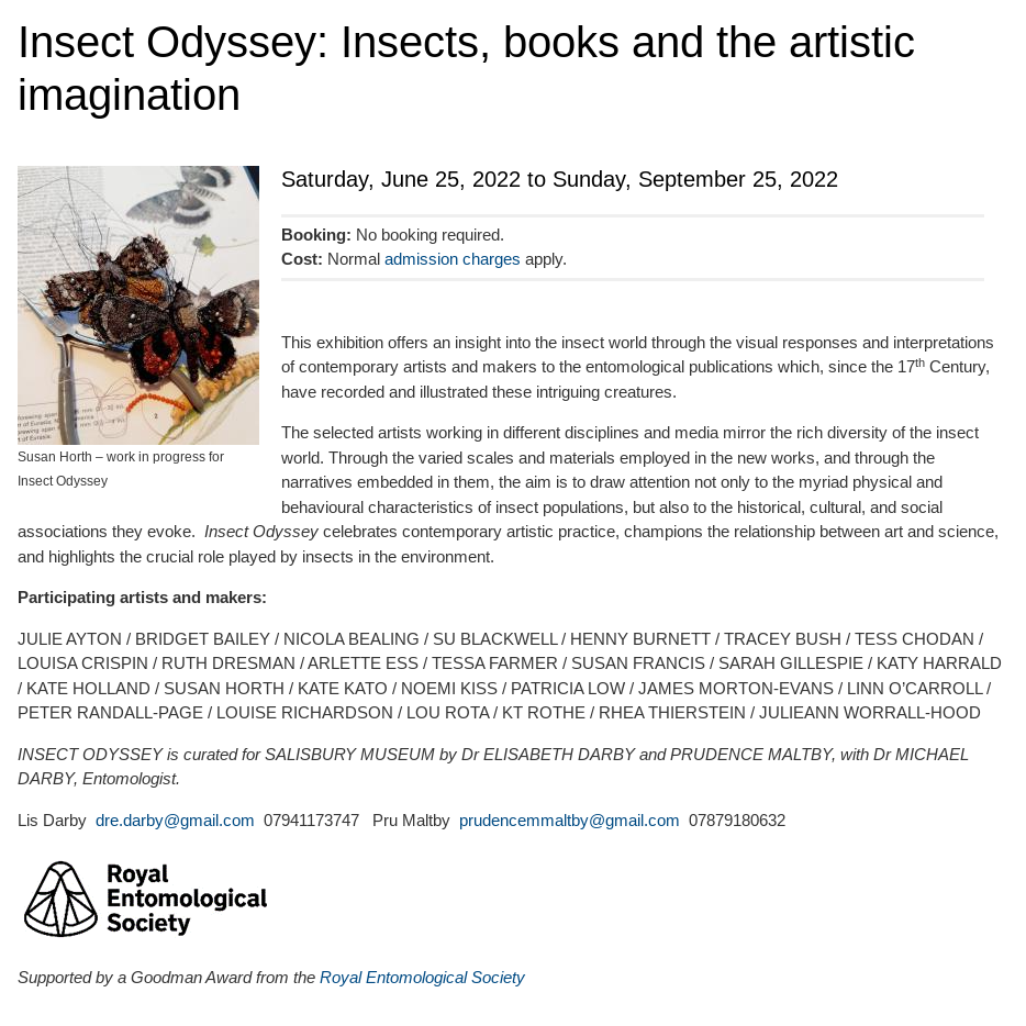 Web page from Salisbury Museum advertising the Insect Odyssey exhibition from 25 June to 25 September. Click to link to Salisbury site